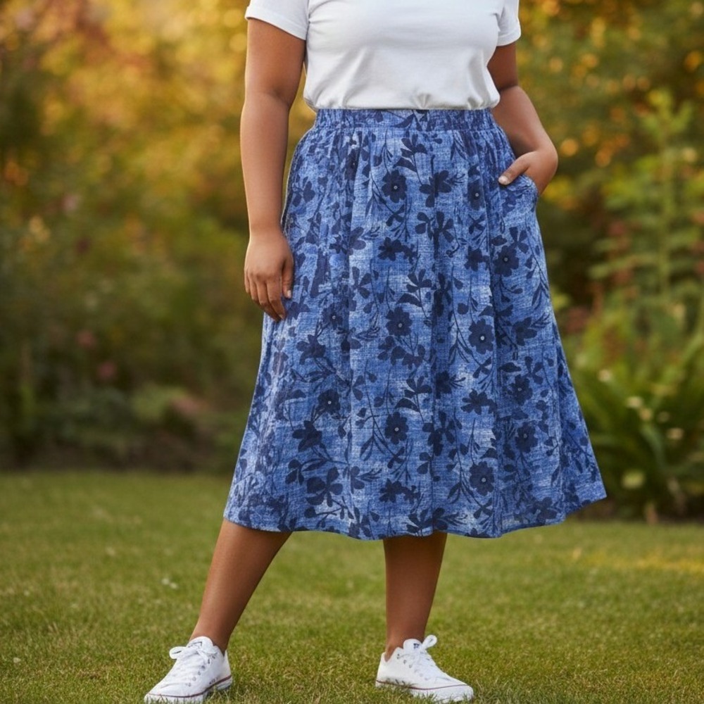 Pendleton Plus Women's 24W Blue Floral 100% Silk Pleated Lined Midi Skirt